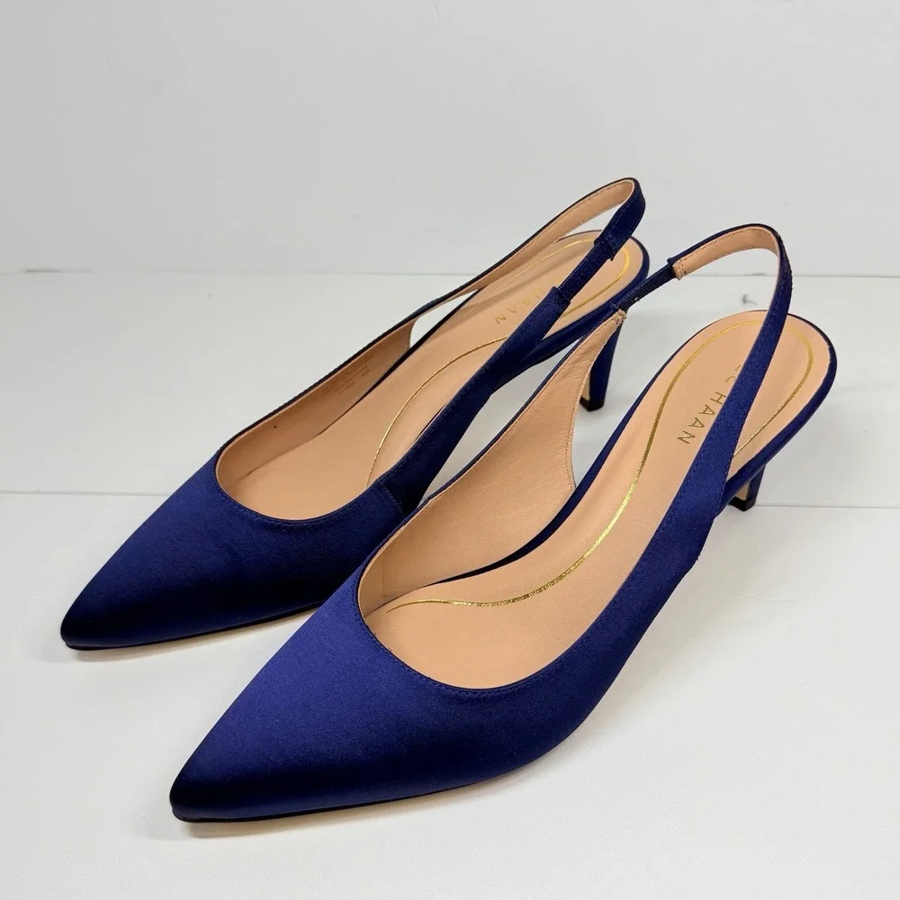 Cole Haan Vandam Sling 65 Navy Satin Pointed Toe Kitten Heeled Pumps Sz 9.5 - Picture 3 of 11